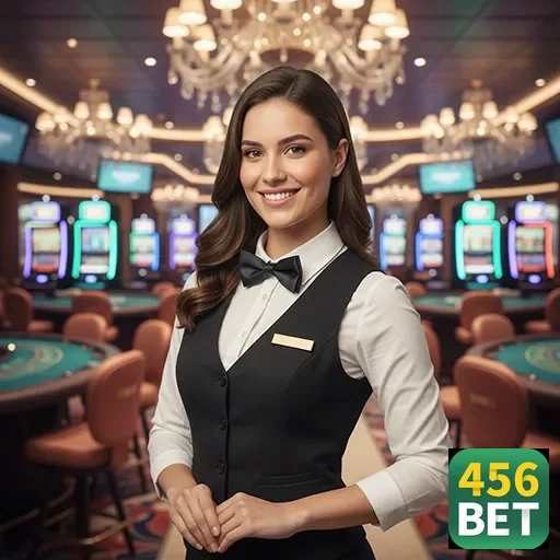Imagem de uma dealer do 456bet em cassino elegante.