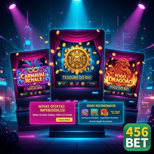 Três máquinas de slot da 456bet destacando jogos temáticos.