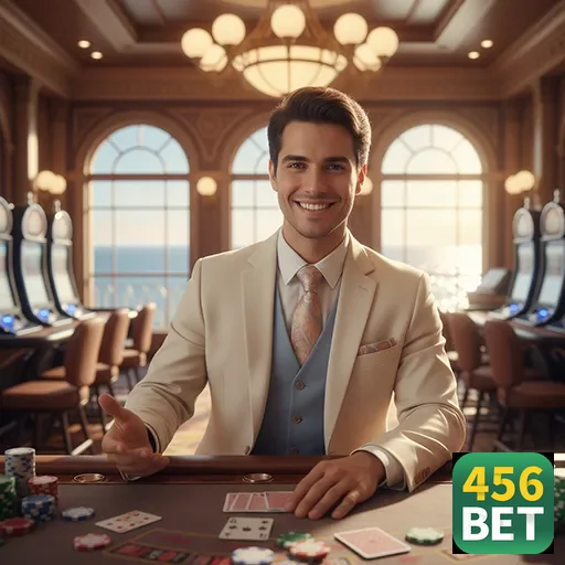 Jogador bem vestido sorrindo na 456bet, rodeado por mesas de jogo.